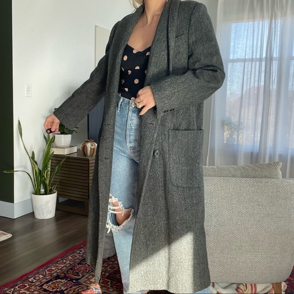 Grey Wool Coat Herringbone Vintage Charcoal Long Jacket Double Breasted Collared - Picture 6 of 8